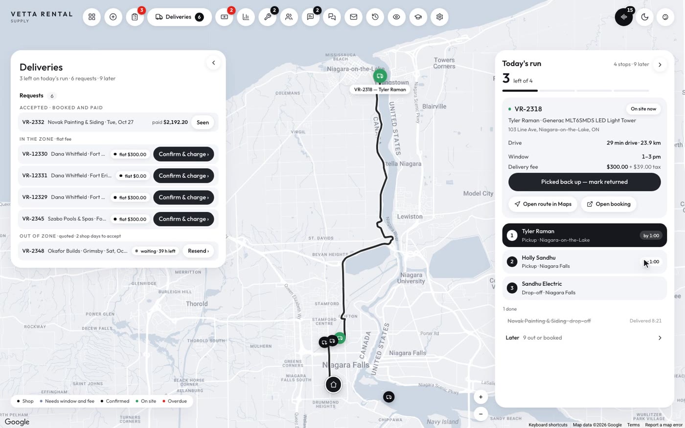 The dispatch board: requests, today's run on the map